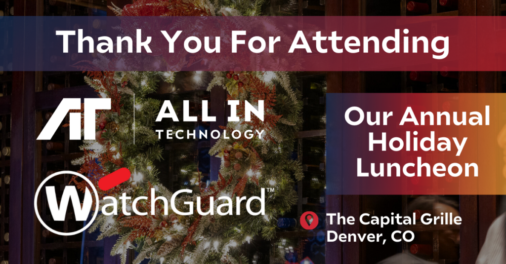 All In Technology and watchguard thank you image with christmas wreath and location