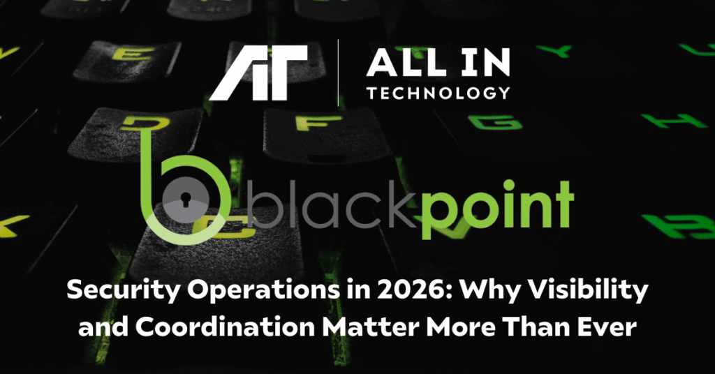 Unified cybersecurity operations dashboard monitoring endpoints identities and cloud systems in a modern security operations center with All In Technology and Blackpoint Cyber CompassOne