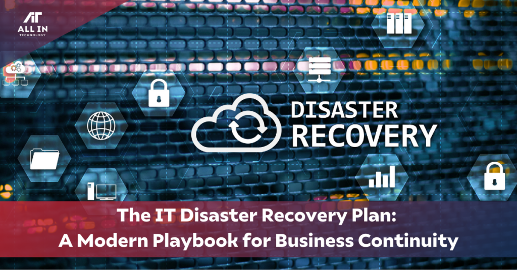 A graphic with a modern IT disaster recovery playbook show from All In Technology